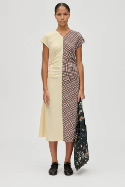 Sale 2118 Checkered Jersey, Ruched Waist Midi Dresssg-aw25-d156-2118 Kjoler