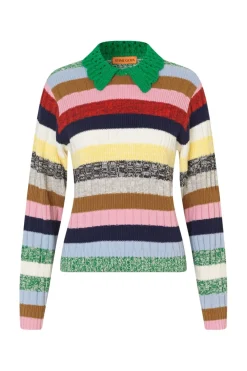 Stine Goya Strik|Bluser & Skjorter<2386 Cotton Mix / Crochet Cotton, Mix Stripe Polo Collar Sweatersg-pf25-k033-2386