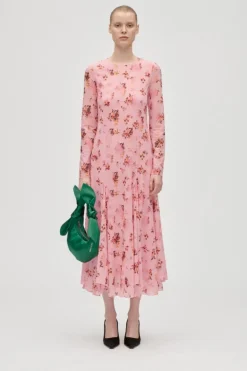 Stine Goya Kjoler<2408 Sheer Ruffling Jersey, Long Sleeve Ruffling Midi Dresssg-aw25-d161-2408
