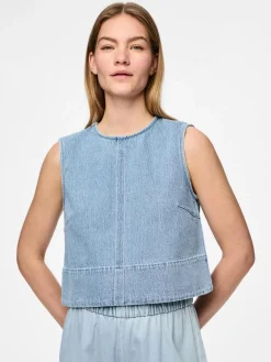 Pieces T-Shirts & Toppe<Pcflora Sl Denim Top
